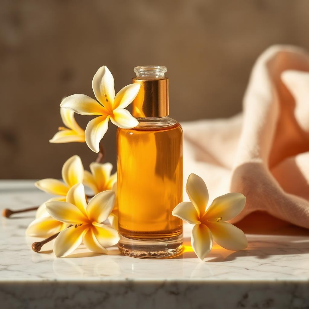 Glass bottle of argan oil with ylang-ylang flowers on marble