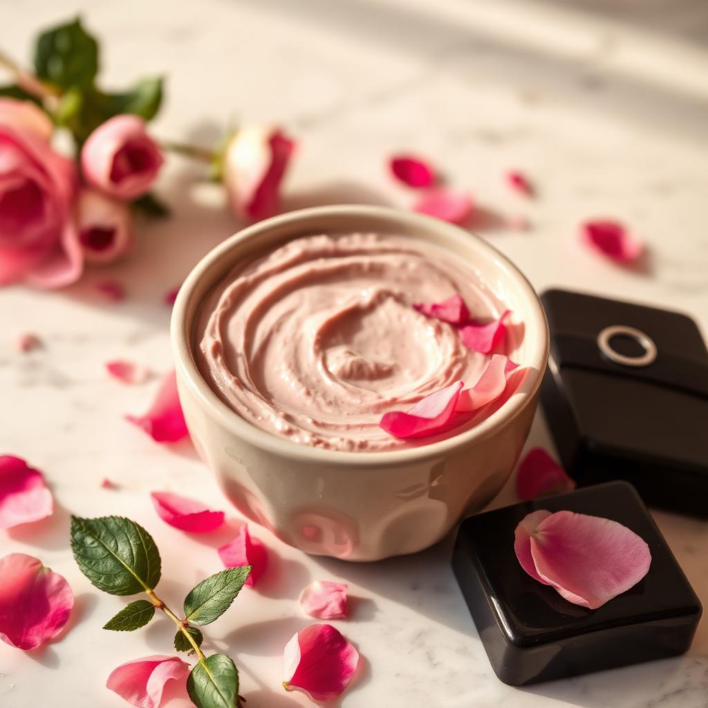 Rose clay masque with black soap and fresh rose petals on marble